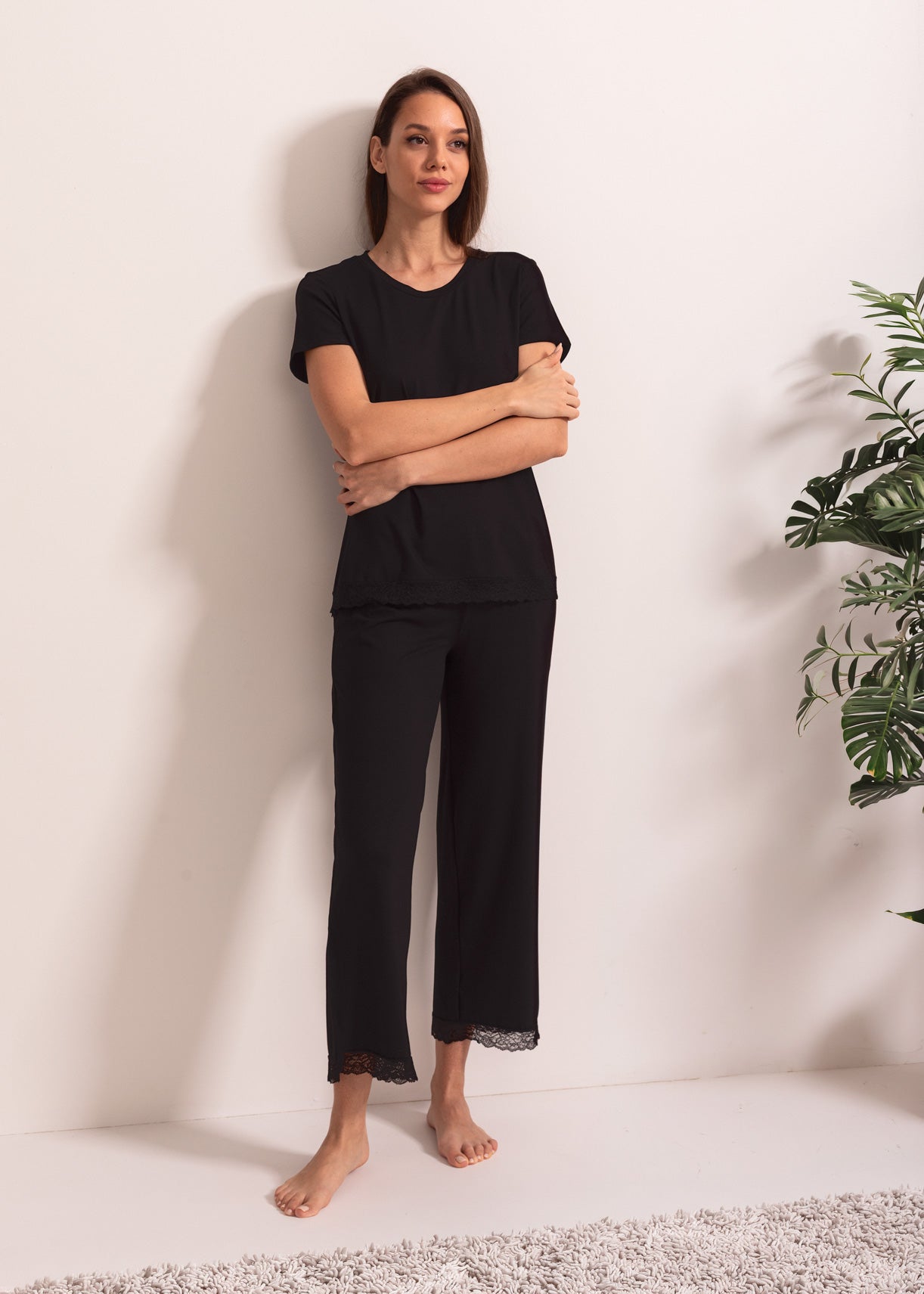 Pijama damă vâscoză – pijama confortabilă cu bluză cu mânecă scurtă și pantaloni 7/8