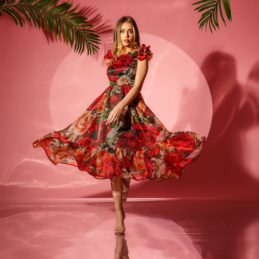 Bedrucktes Organza-Midikleid mit weitem Rock und Rüschen Rosa