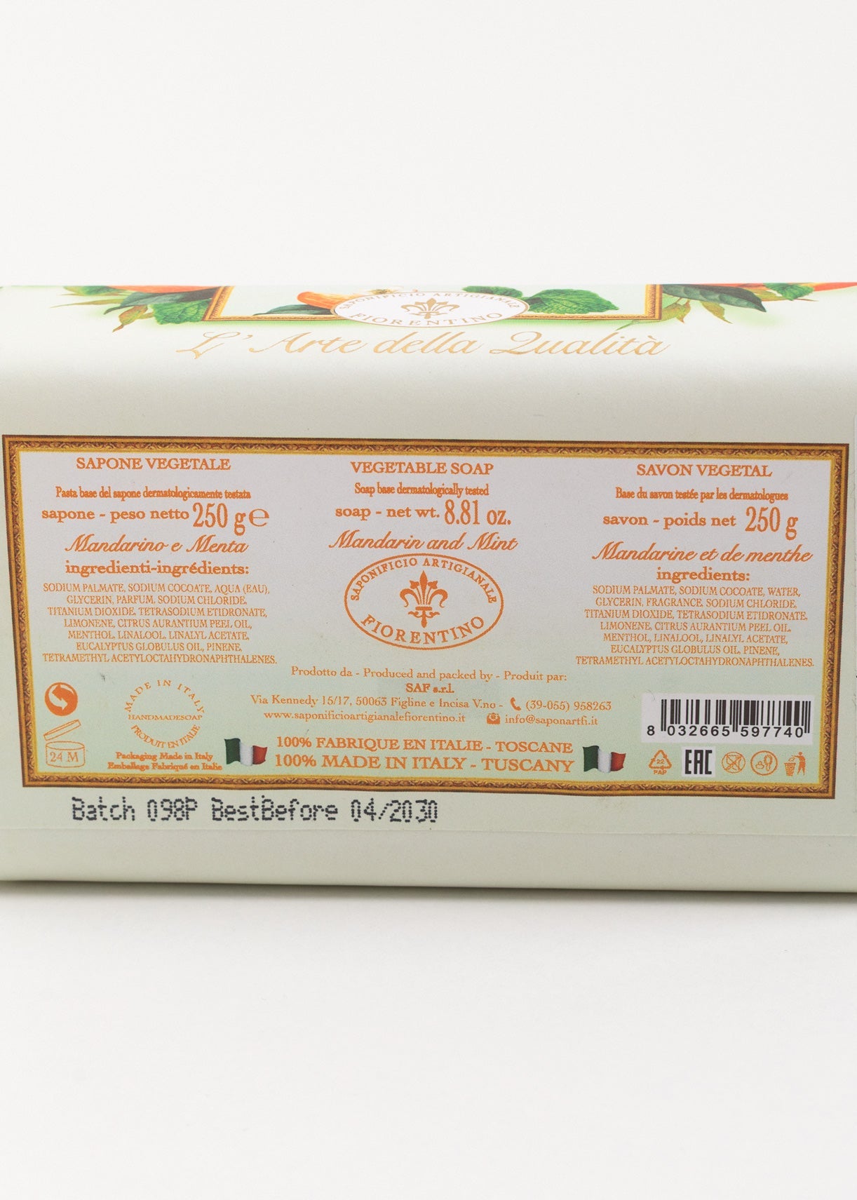 Săpun natural Fiorentino Mandarine și Mentă Handmade – săpun artizanal fresh, energizant și hidratant