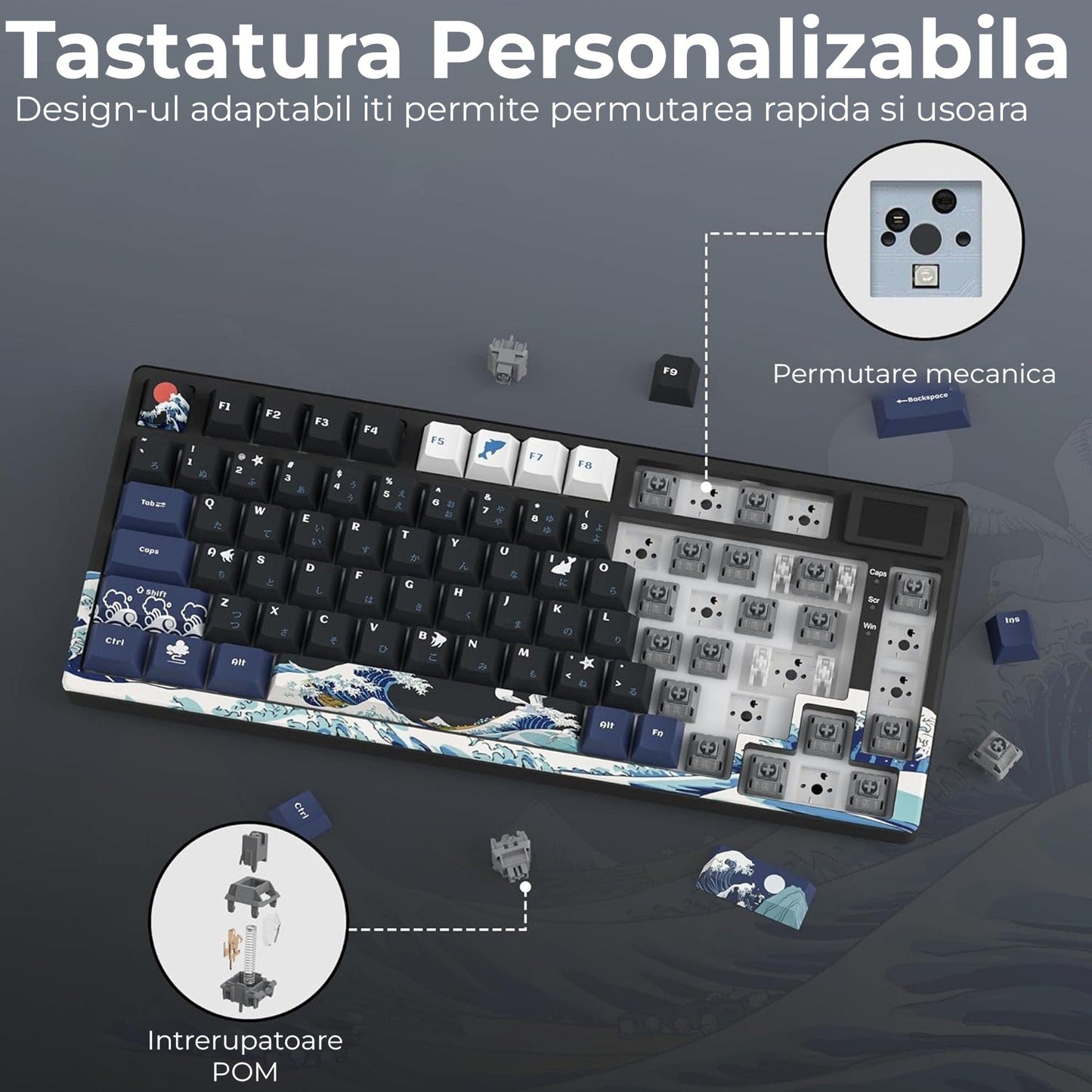 Tastatura mecanica gaming Timebox, 75%, Hot-Swap, Gasket, Negru